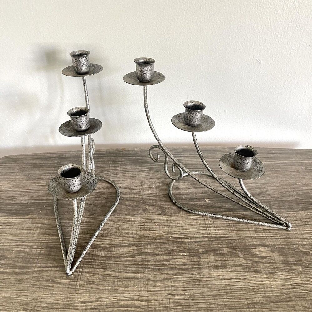 Pair Of Vintage Silver Tone Metal 3-arm Arch Candlestick Holder Teardrop Base